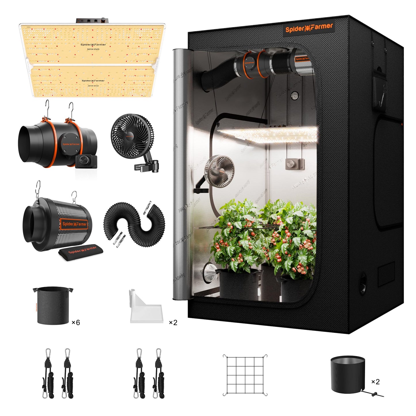 Spider Farmer Growzelt Komplettset SF1000 Grow Light Dimmbarer LED Grow Lampe Vollspektrum Samsung LM301H EVO Diodes GrowZelt Kit Komplettes 70x70x160cm Hydroponics Growing Tent Set Belüftungssystem