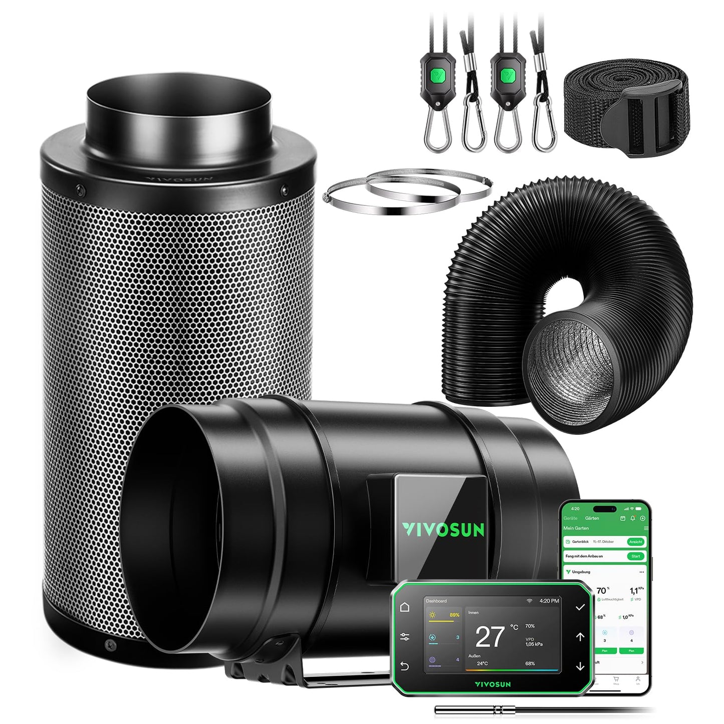 VIVOSUN Smart Rohrventilator 100mm/Abluftset AeroZesh G4 mit GrowHub E42A+, Temperatur- & Feuchtigkeitsregler, WiFi/App-Fernsteuerung, Aktivkohlefilter und Schlauch für Growzelte und Hydrokultur