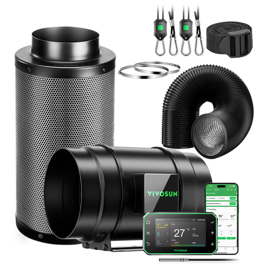 VIVOSUN Smart Rohrventilator 100mm/Abluftset AeroZesh G4 mit GrowHub E42A+, Temperatur- & Feuchtigkeitsregler, WiFi/App-Fernsteuerung, Aktivkohlefilter und Schlauch für Growzelte und Hydrokultur