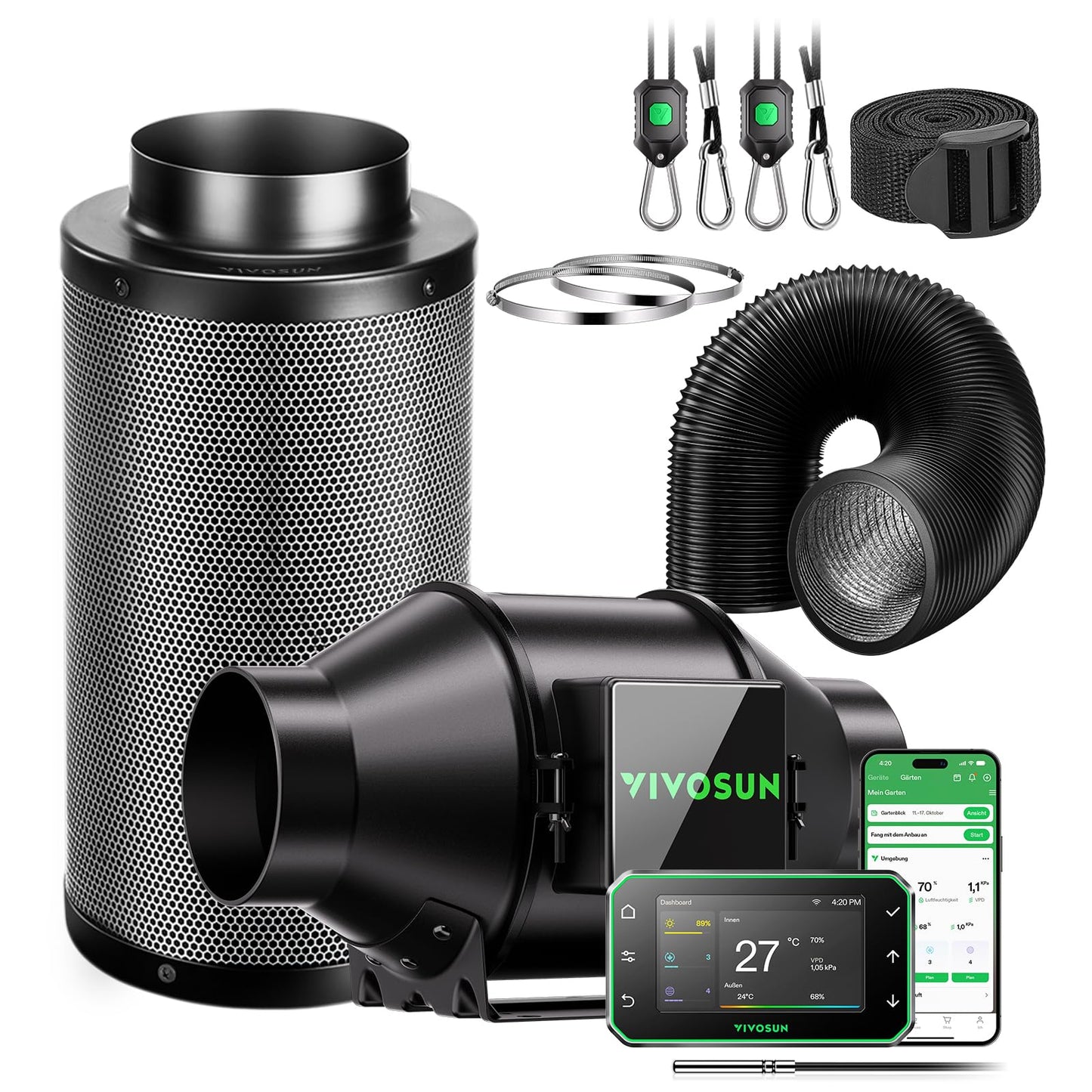 VIVOSUN Smart Rohrventilator 100mm/Abluftset AeroZesh G4 mit GrowHub E42A+, Temperatur- & Feuchtigkeitsregler, WiFi/App-Fernsteuerung, Aktivkohlefilter und Schlauch für Growzelte und Hydrokultur