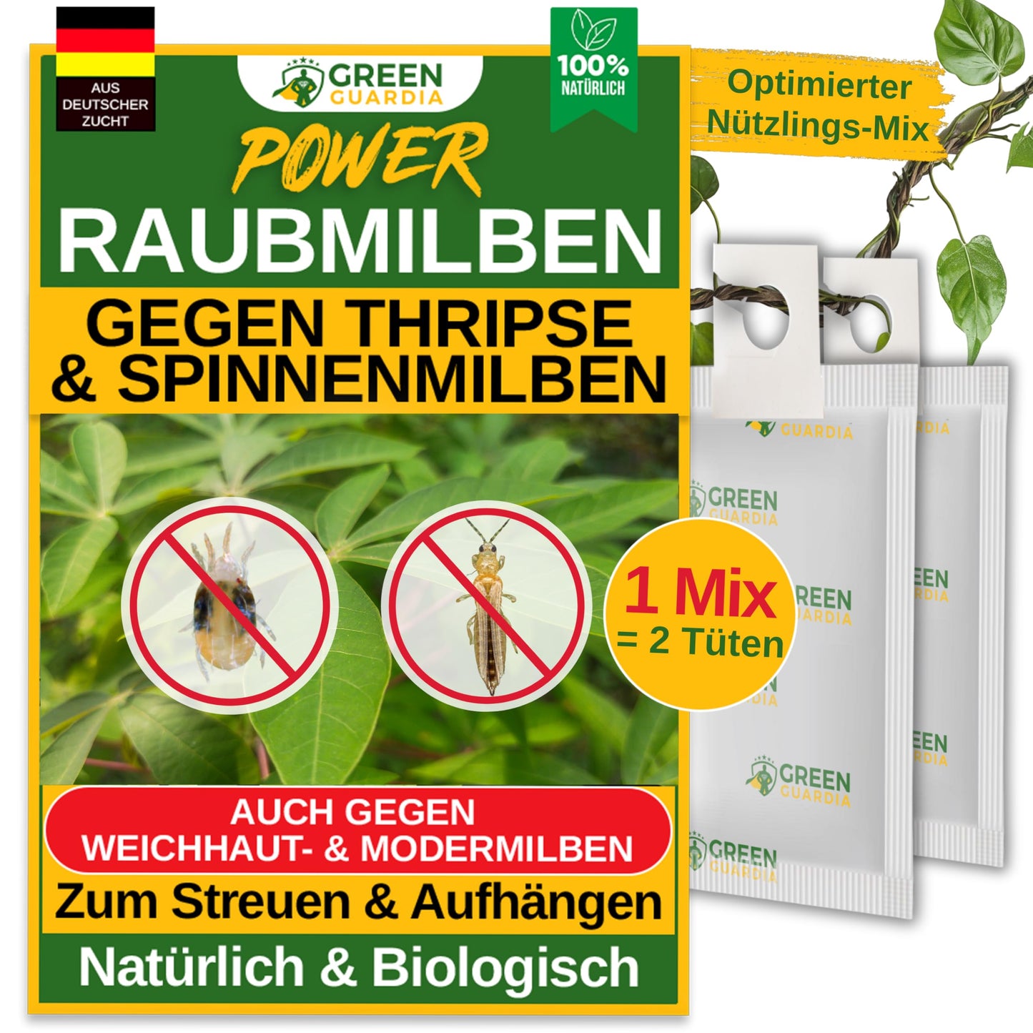 Raubmilben-Mix gegen Thripse & Spinnmilben – GREEN GUARDIA | 3-Mix mit 6 Tüten | Biologische Schädlingsbekämpfung für Pflanzen