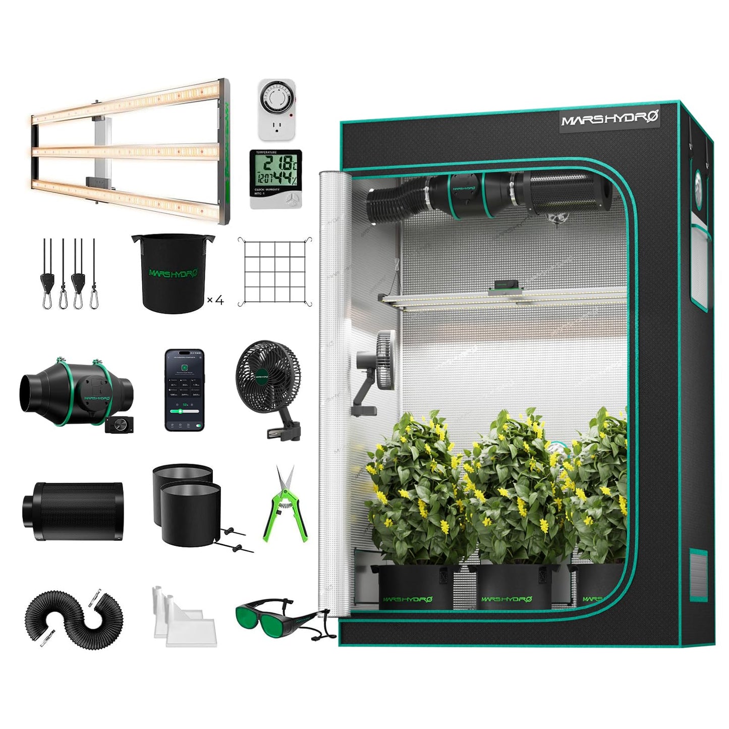 Mars Hydro Growzelt Komplettset,Upgraded TS600 Dimmbare Grow Lampe,60X60X140cm 1680D Hoch Reflektierend Mylar Grow Box Komplettset,mit 4" 205 CFM Ruhiges und Effizientes Belüftungssatz,10-Gang-Lüfter
