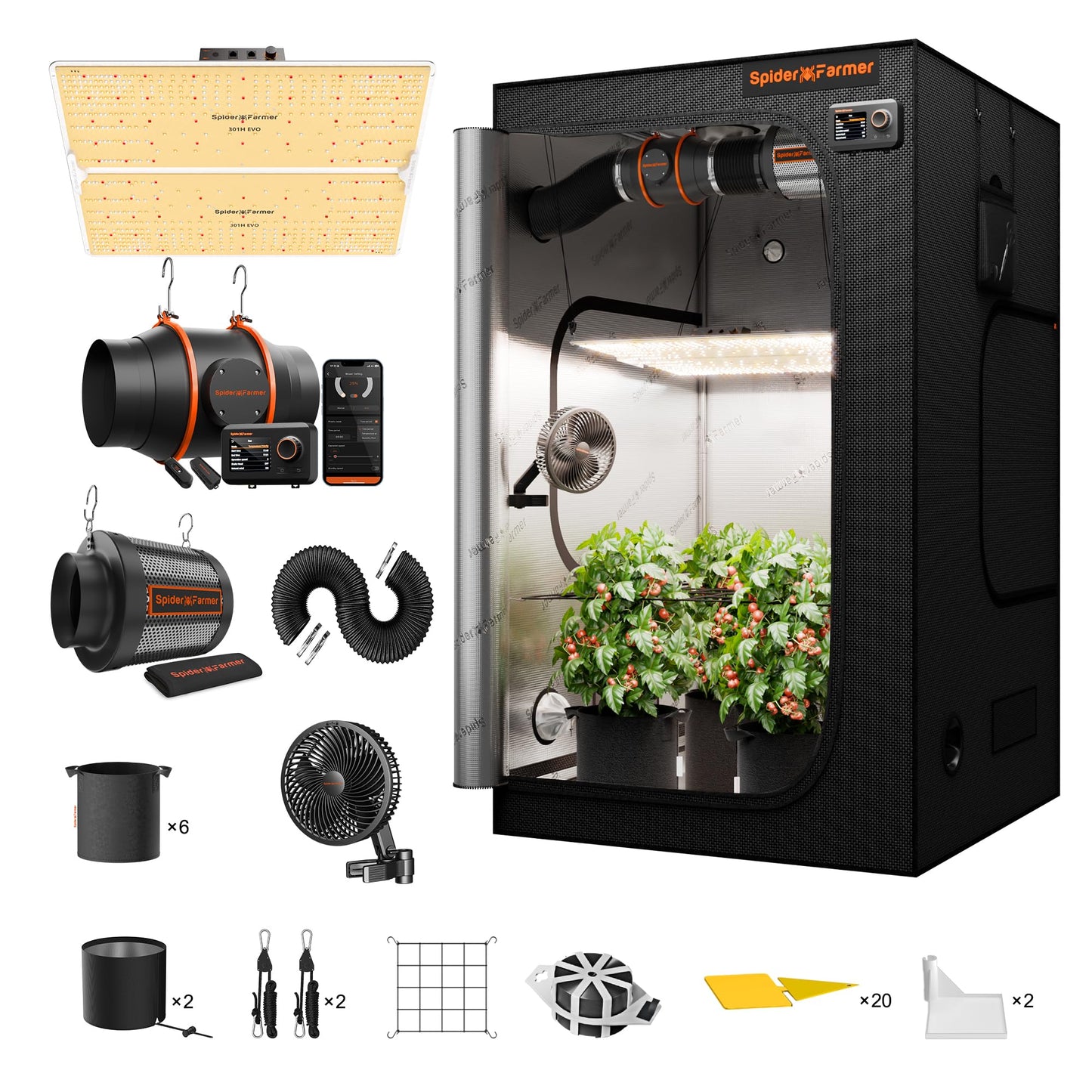 Spider Farmer Growzelt Komplettset SF1000 Grow Light Dimmbarer LED Grow Lampe Vollspektrum Samsung LM301H EVO Diodes GrowZelt Kit Komplettes 70x70x160cm Hydroponics Growing Tent Set Belüftungssystem