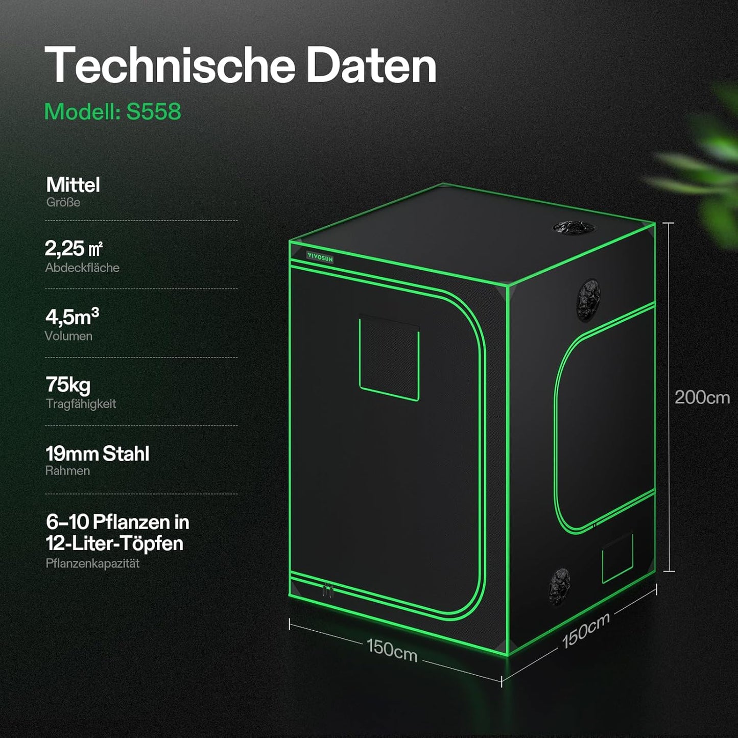 VIVOSUN Growzelt lichtdichtes Indoor Hydroponik Zelt mit reflektierendem Mylar Sichtfenster Bodenwanne stabile Rahmenstruktur Pflanzenzelt Gewächshaus S558 Grow Tent passend für VSF6450