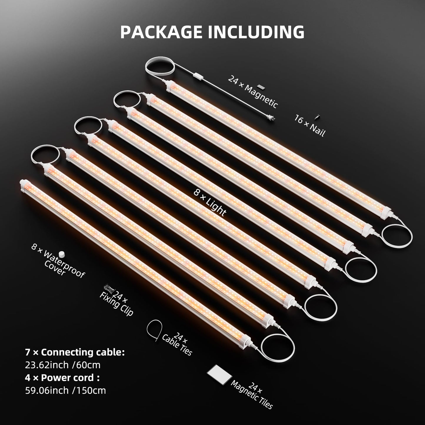 Spider Farmer 88,5cm LED Pflanzenlampe für Zimmerpflanzen, Vollspektrum (3000K+5000K+660nm), 200W (8x25W), 1296 LEDs, IP65 Wasserdicht, Verkettbares Design für Regale und Gewächshäuser, 8er-Pack