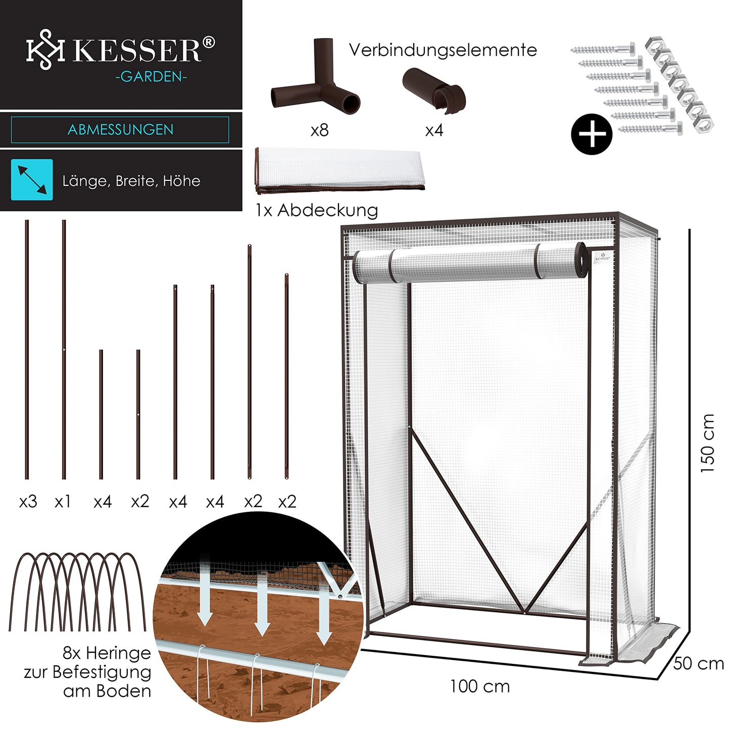 KESSER® Premium Tomatengewächshaus Foliengewächshaus, Gewächshaus klein, Tomatenhaus, Treibhaus mit Tür zum Aufrollen - 100 x 50 x 150 cm Frühbeet, Gemüse, Blumen, Obst, Inkl. Montagezubehör, Garten