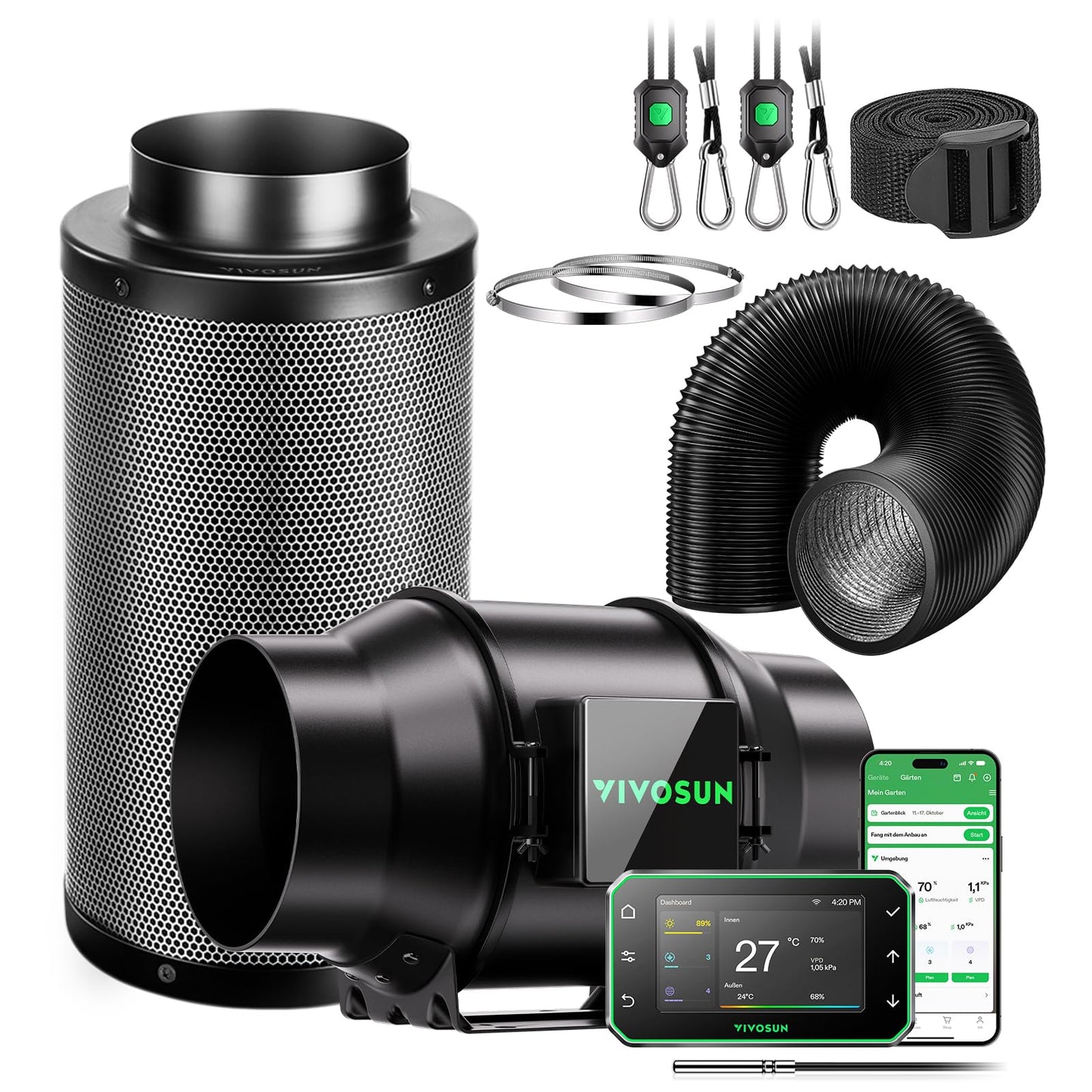 VIVOSUN Smart Rohrventilator 100mm/Abluftset AeroZesh G4 mit GrowHub E42A+, Temperatur- & Feuchtigkeitsregler, WiFi/App-Fernsteuerung, Aktivkohlefilter und Schlauch für Growzelte und Hydrokultur