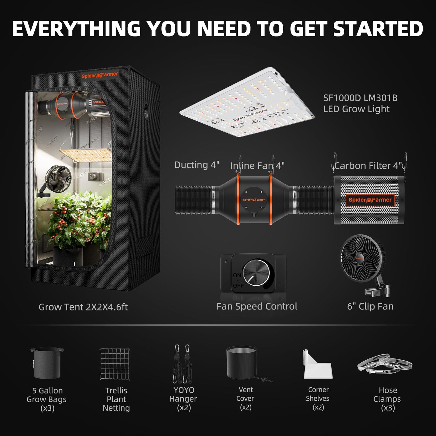 Spider Farmer Growzelt Komplettset SF1000 Grow Light Dimmbarer LED Grow Lampe Vollspektrum Samsung LM301H EVO Diodes GrowZelt Kit Komplettes 70x70x160cm Hydroponics Growing Tent Set Belüftungssystem