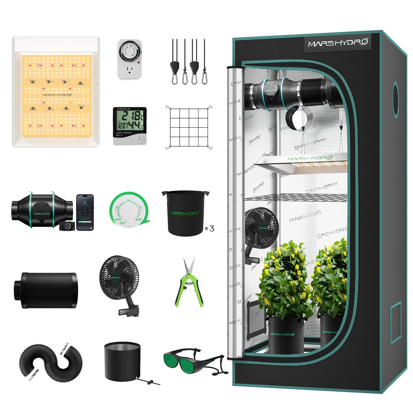Mars Hydro Growzelt Komplettset,Upgraded TS600 Dimmbare Grow Lampe,60X60X140cm 1680D Hoch Reflektierend Mylar Grow Box Komplettset,mit 4" 205 CFM Ruhiges und Effizientes Belüftungssatz,10-Gang-Lüfter
