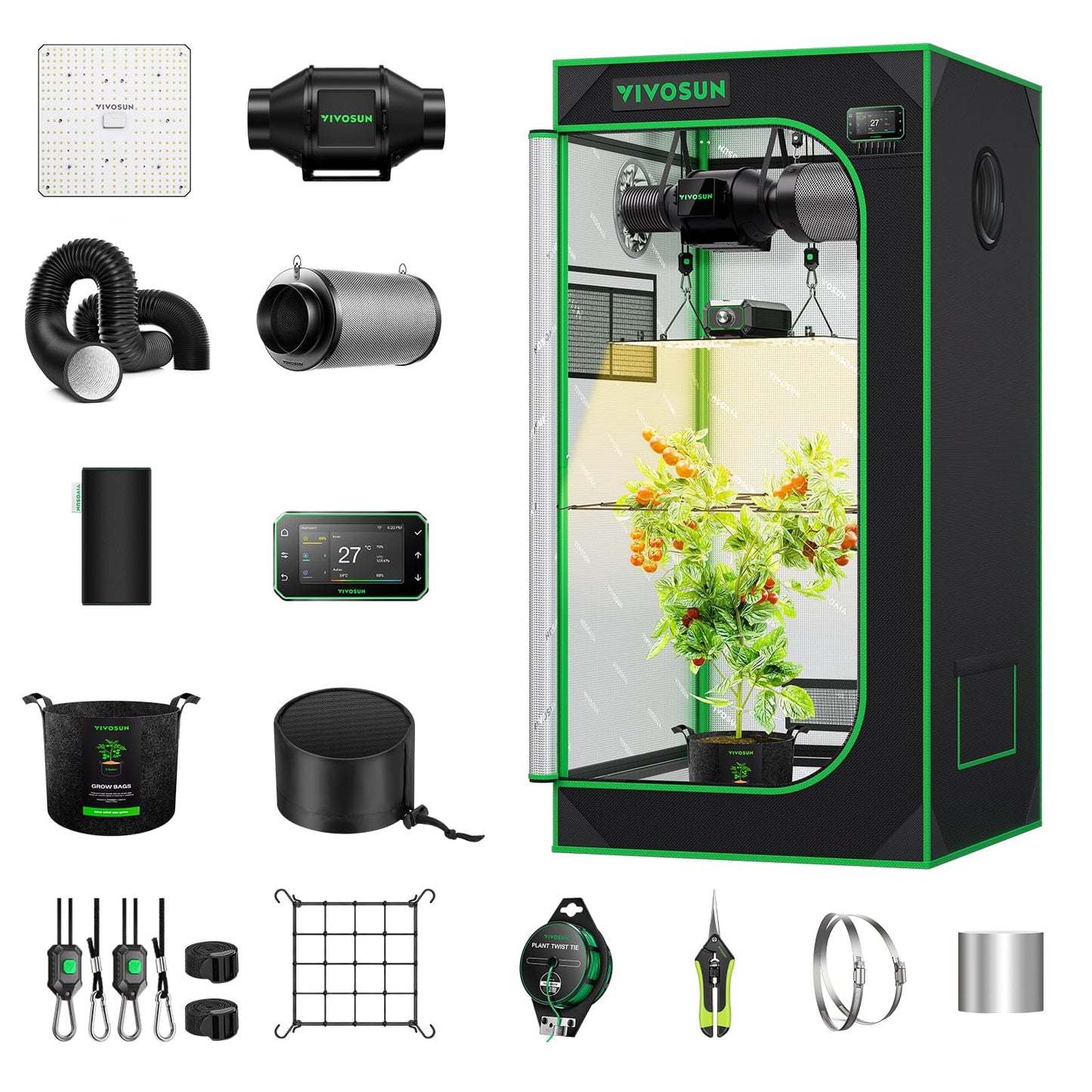 VIVOSUN Smart Growzelt Komplettset, WLAN-integriertes automatisches Grow-System mit 200W Vollspektrum-LED-Pflanzenlampe und effizientem Belüftungssystem mit GrowHub E42A+ Controller