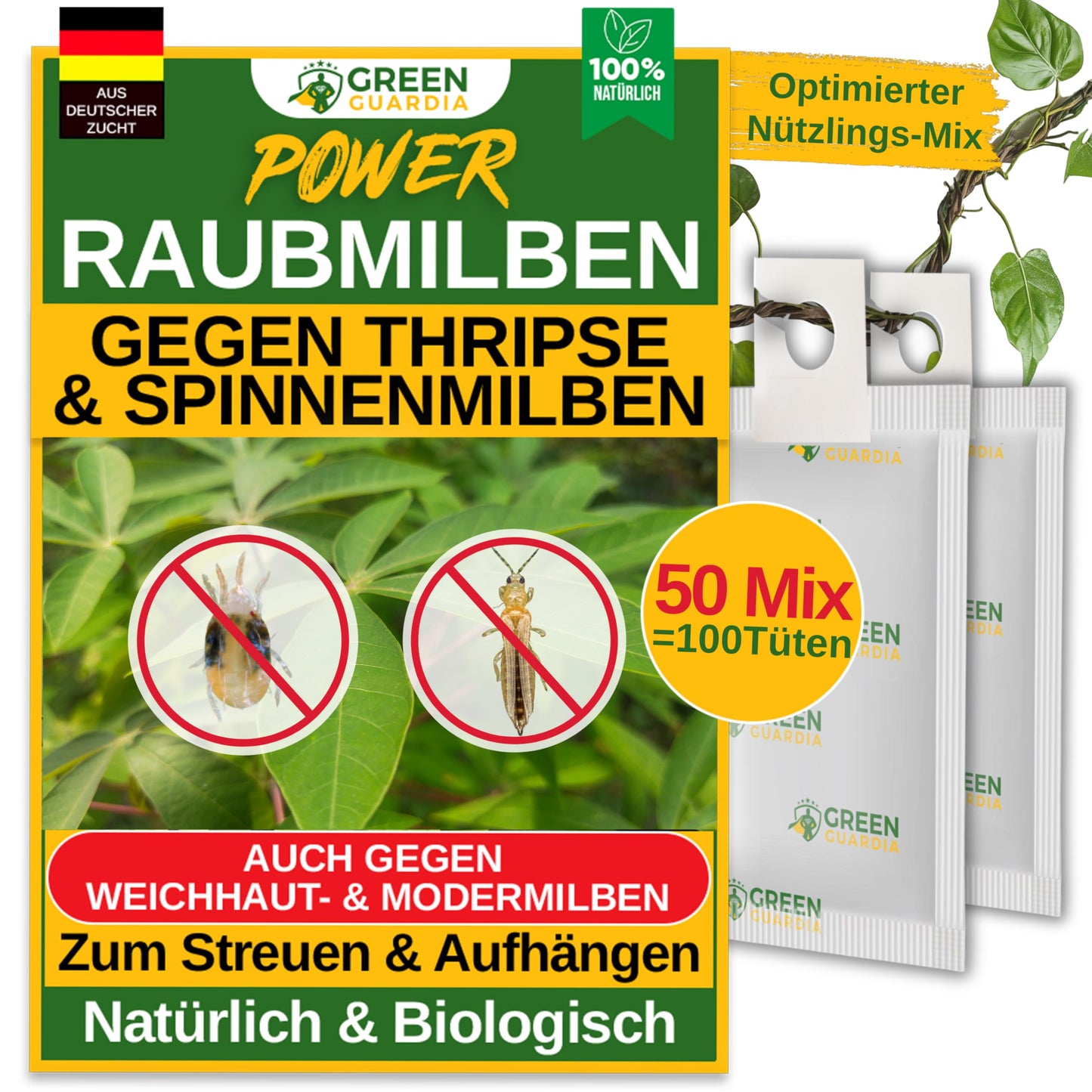 Raubmilben-Mix gegen Thripse & Spinnmilben – GREEN GUARDIA | 3-Mix mit 6 Tüten | Biologische Schädlingsbekämpfung für Pflanzen