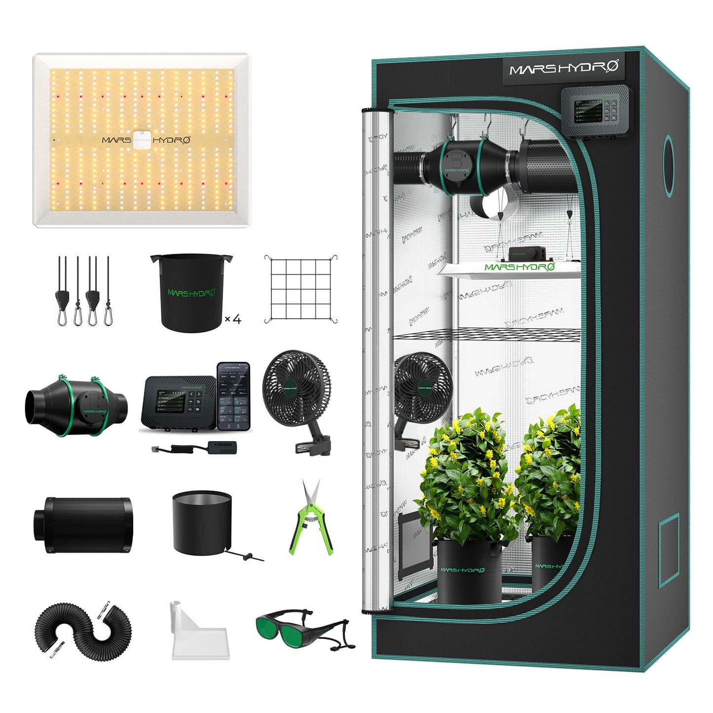 Mars Hydro Growzelt Komplettset,Upgraded TS600 Dimmbare Grow Lampe,60X60X140cm 1680D Hoch Reflektierend Mylar Grow Box Komplettset,mit 4" 205 CFM Ruhiges und Effizientes Belüftungssatz,10-Gang-Lüfter