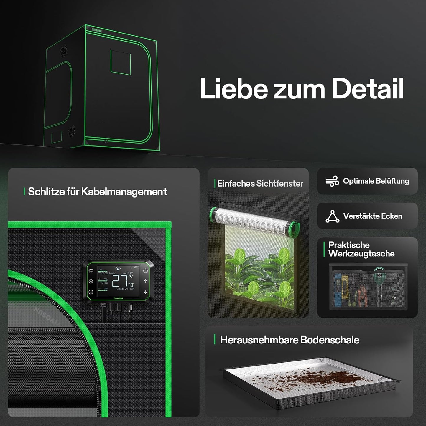 VIVOSUN Growzelt lichtdichtes Indoor Hydroponik Zelt mit reflektierendem Mylar Sichtfenster Bodenwanne stabile Rahmenstruktur Pflanzenzelt Gewächshaus S558 Grow Tent passend für VSF6450