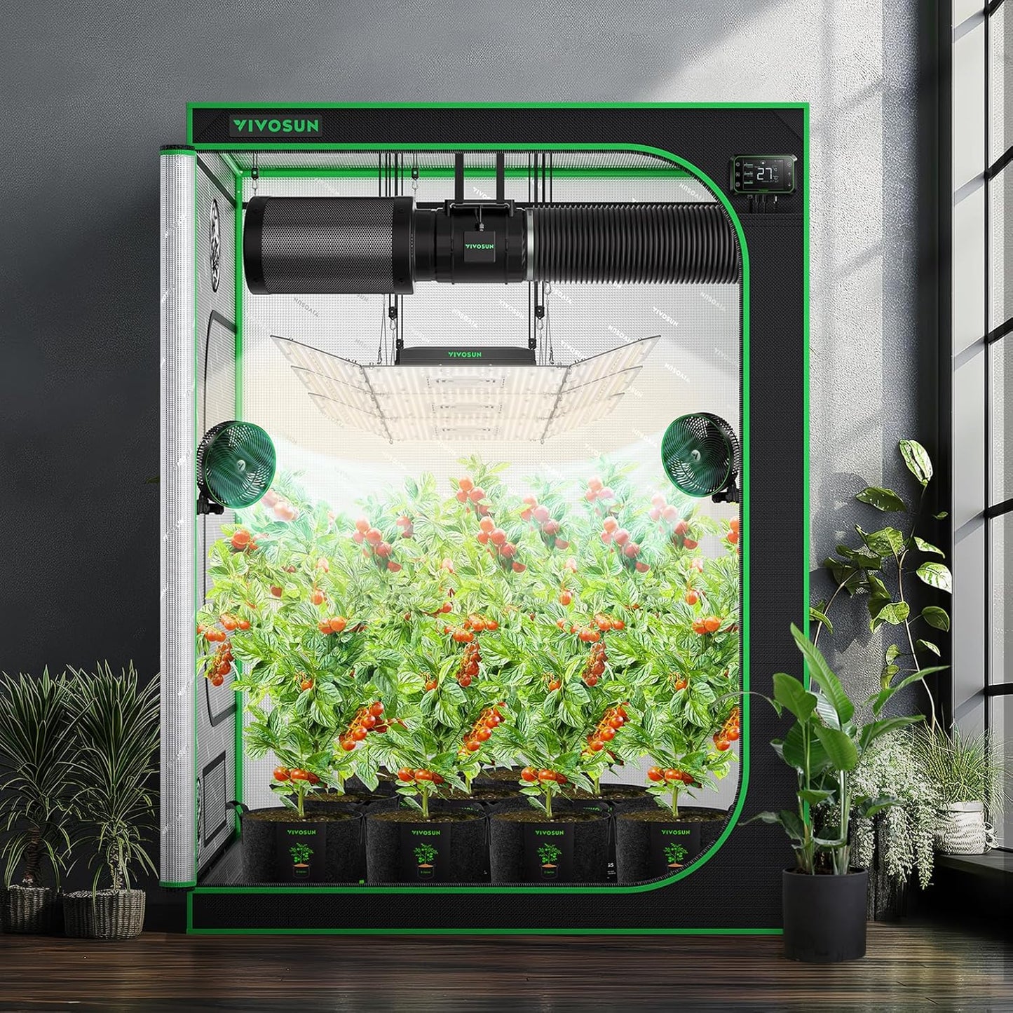 VIVOSUN Growzelt lichtdichtes Indoor Hydroponik Zelt mit reflektierendem Mylar Sichtfenster Bodenwanne stabile Rahmenstruktur Pflanzenzelt Gewächshaus S558 Grow Tent passend für VSF6450