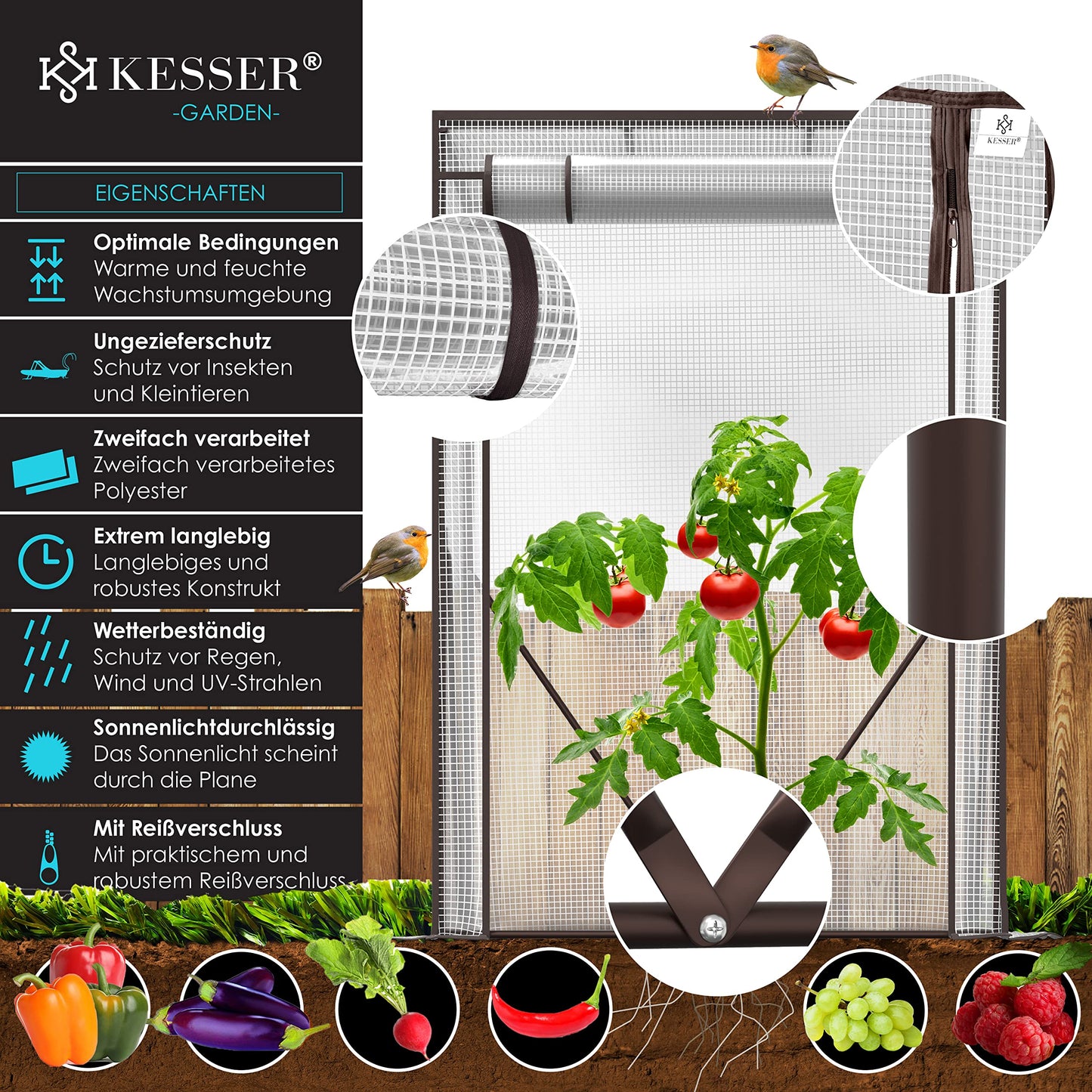 KESSER® Premium Tomatengewächshaus Foliengewächshaus, Gewächshaus klein, Tomatenhaus, Treibhaus mit Tür zum Aufrollen - 100 x 50 x 150 cm Frühbeet, Gemüse, Blumen, Obst, Inkl. Montagezubehör, Garten