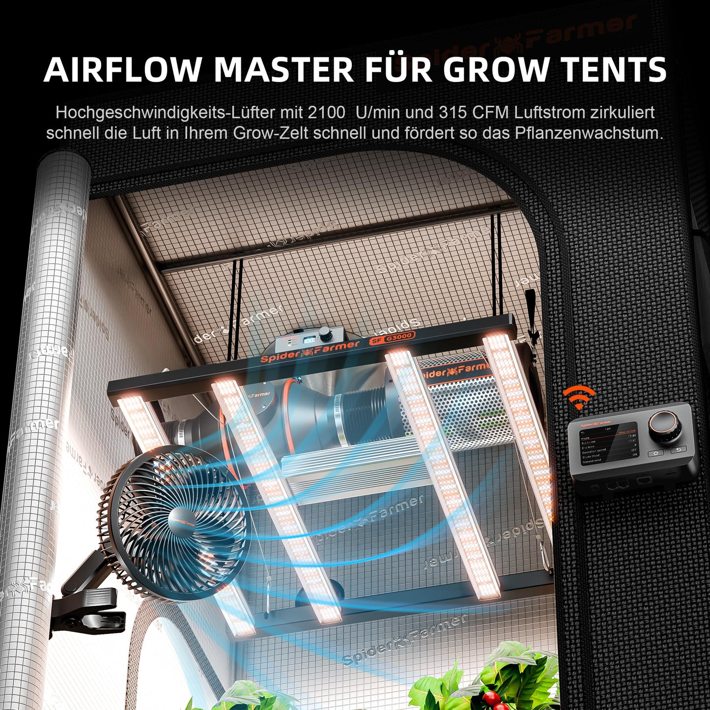 Spider Farmer Growzelt Komplettset SF1000 Grow Light Dimmbarer LED Grow Lampe Vollspektrum Samsung LM301H EVO Diodes GrowZelt Kit Komplettes 70x70x160cm Hydroponics Growing Tent Set Belüftungssystem