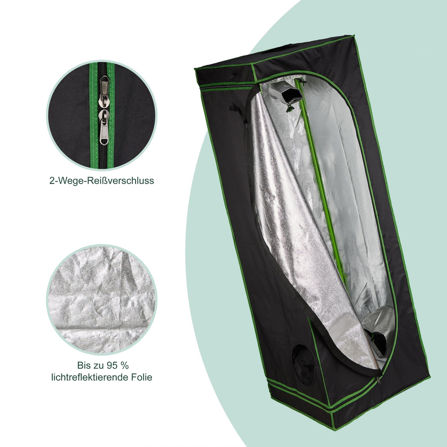 Relaxdays Growzelt, HxBxT: 180x60x60 cm, reflektierende Innenfolie, lichtundurchlässig, Indoor Zuchtzelt, schwarz/grün